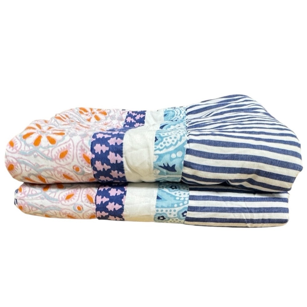 2 PBteen Pottery Barn Blue White Striped Paisley Patchwork Quilted Standard Sham